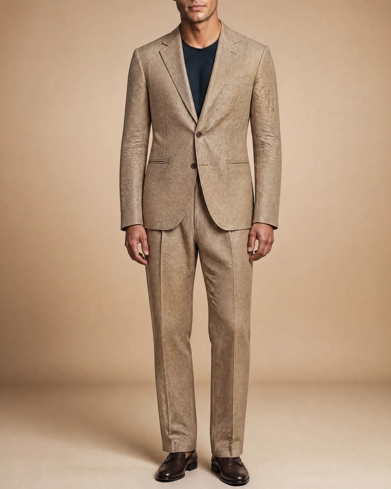 Sand Linen Suit from Brisbane Moss, on model