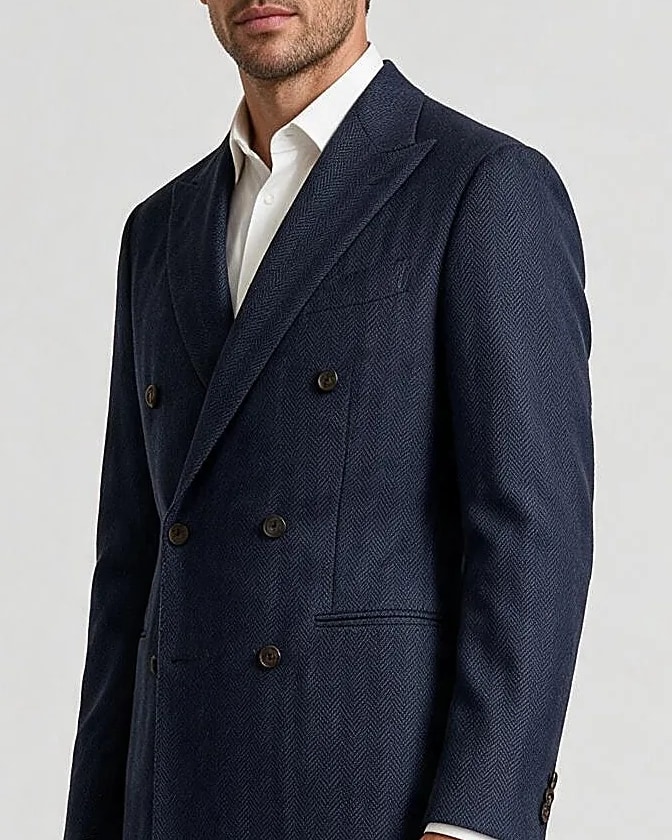 Dark Navy Herringbone Double-Breasted Suit in English Wool, collar detail