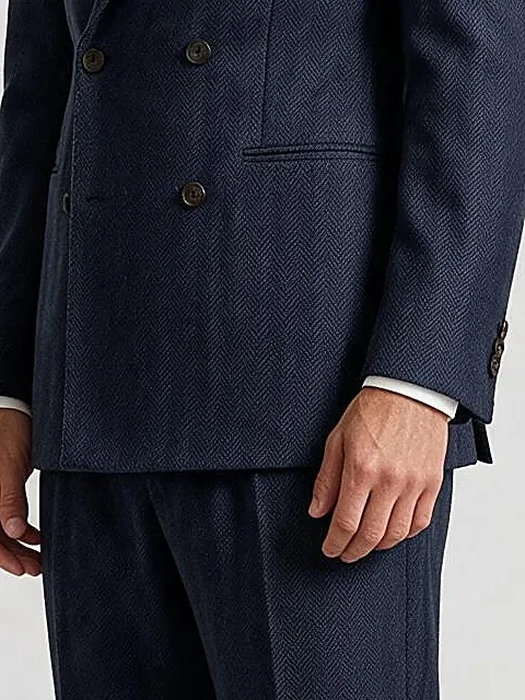 Dark Navy Herringbone Double-Breasted Suit in English Wool, pocket detail