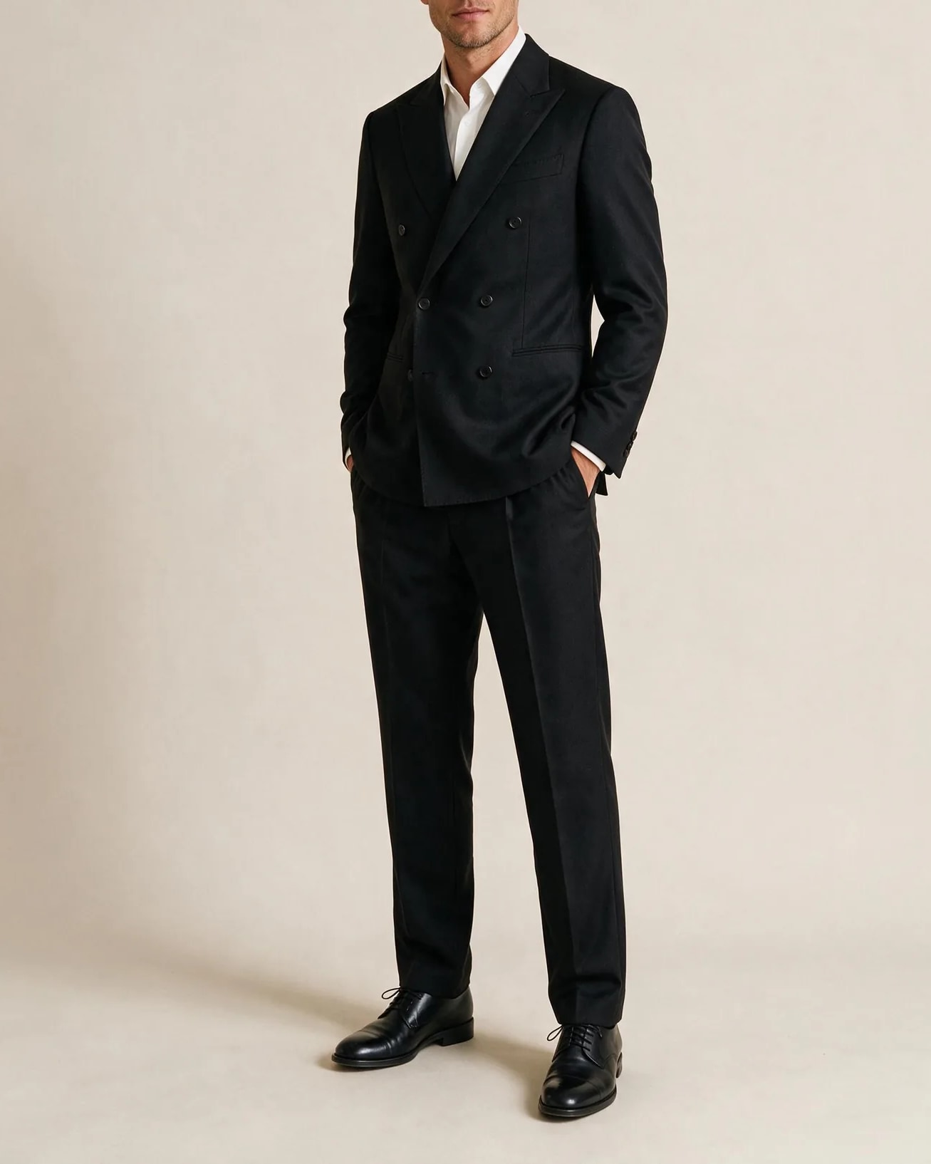 Charcoal Double-Breasted Suit in English Flannel, on model
