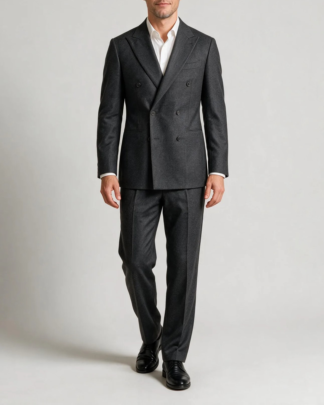 Charcoal Grey Double-Breasted Suit in English Wool, on model