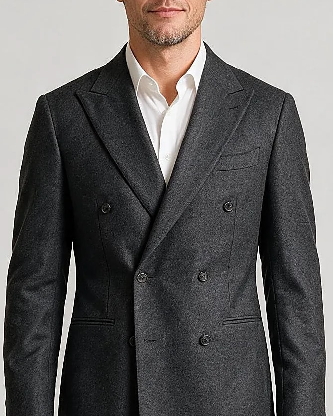 Charcoal Grey Double-Breasted Suit in English Wool, collar detail