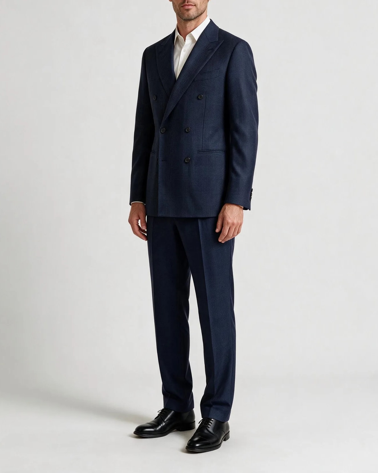 Dark Navy Glencheck Double-Breasted Suit in Super 130s, on model