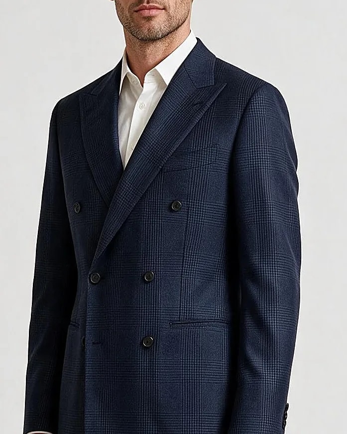 Dark Navy Glencheck Double-Breasted Suit in Super 130s, collar detail