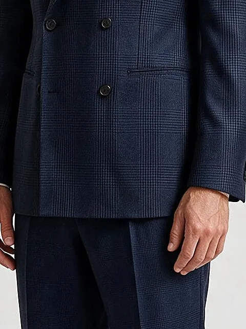Dark Navy Glencheck Double-Breasted Suit in Super 130s, pocket detail