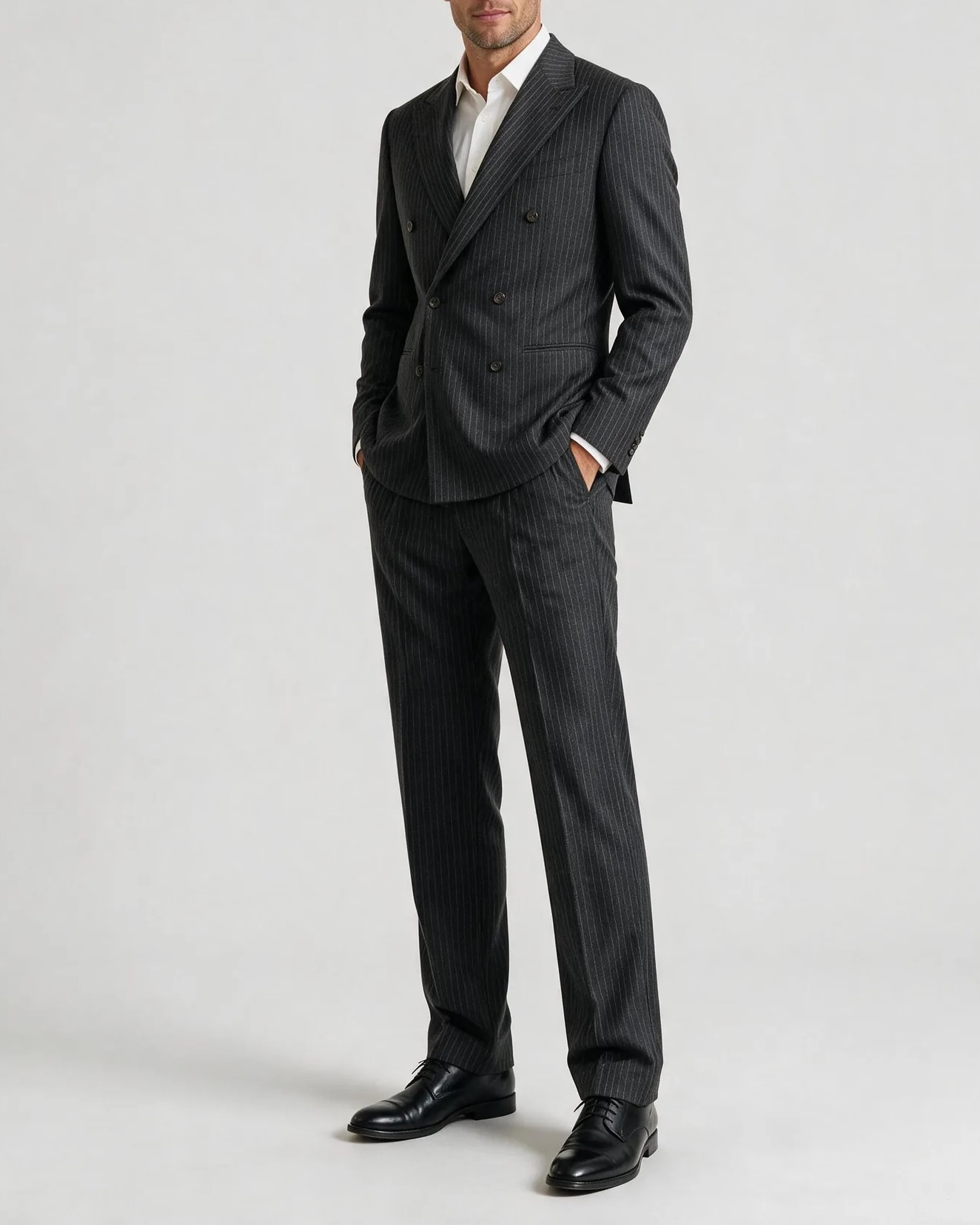 Anthracite Grey Pinstripe Double-Breasted Suit, on model