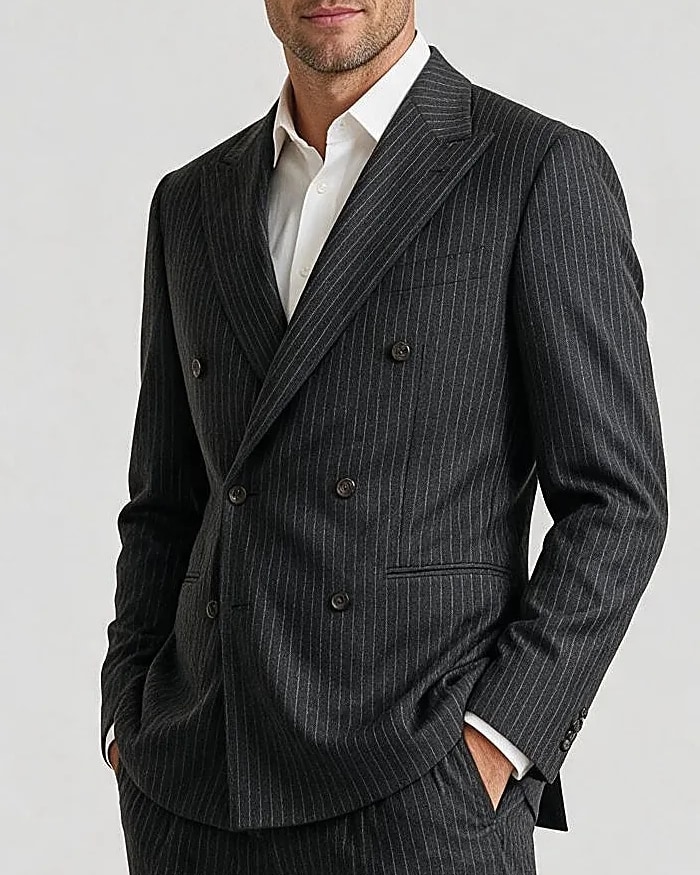 Anthracite Grey Pinstripe Double-Breasted Suit, collar detail