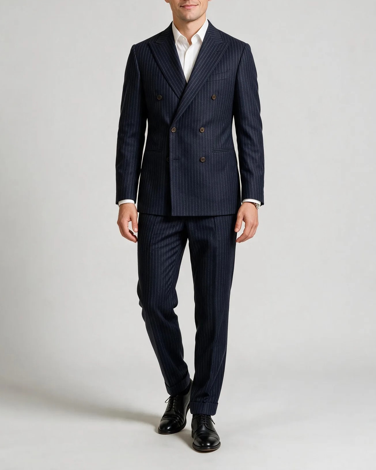 Dark Navy Pinstripe Double-Breasted Suit, on model