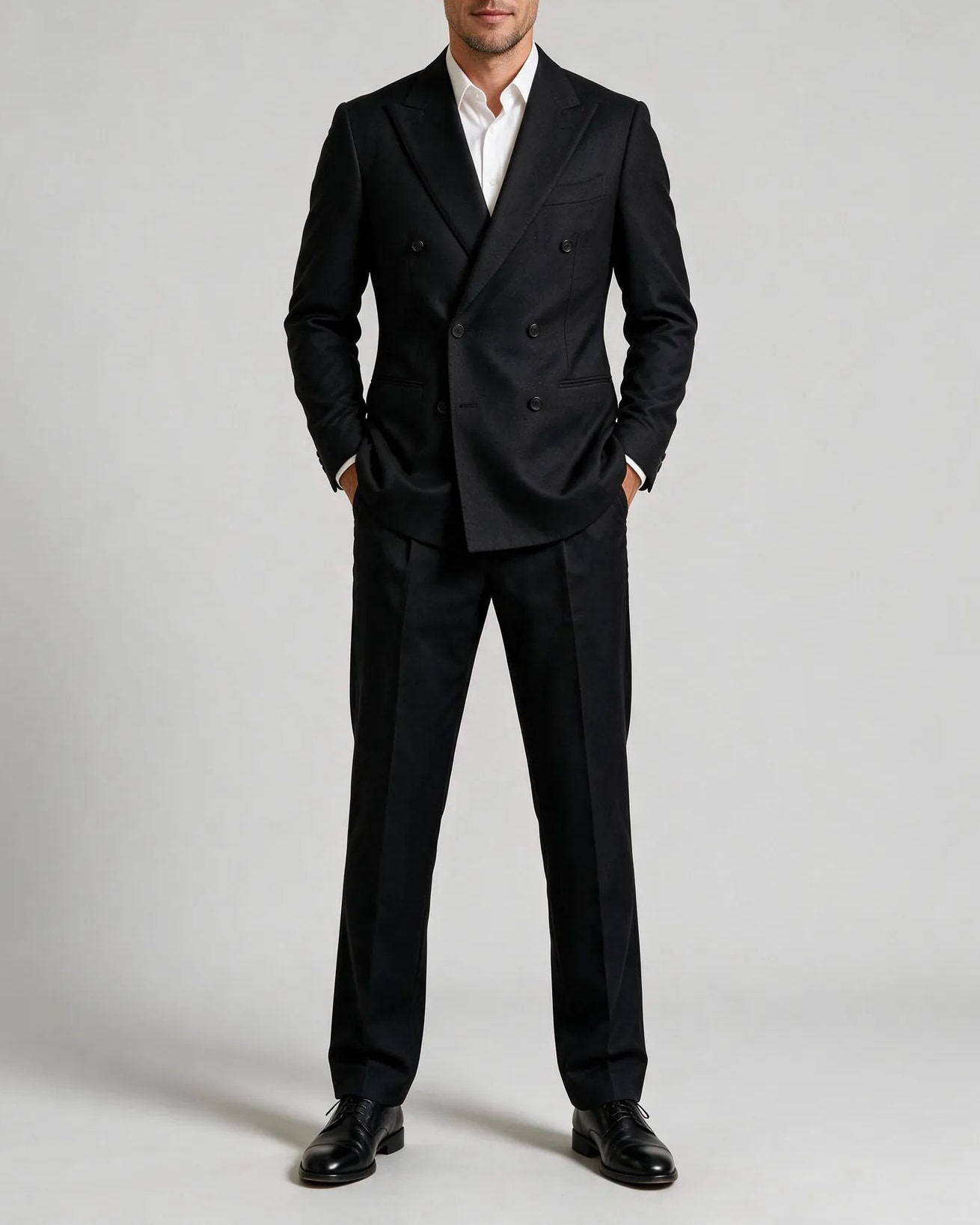 Black Double-Breasted Suit in Merino wool, on model