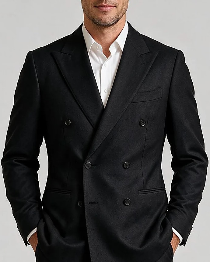 Black Double-Breasted Suit in Merino wool, collar detail