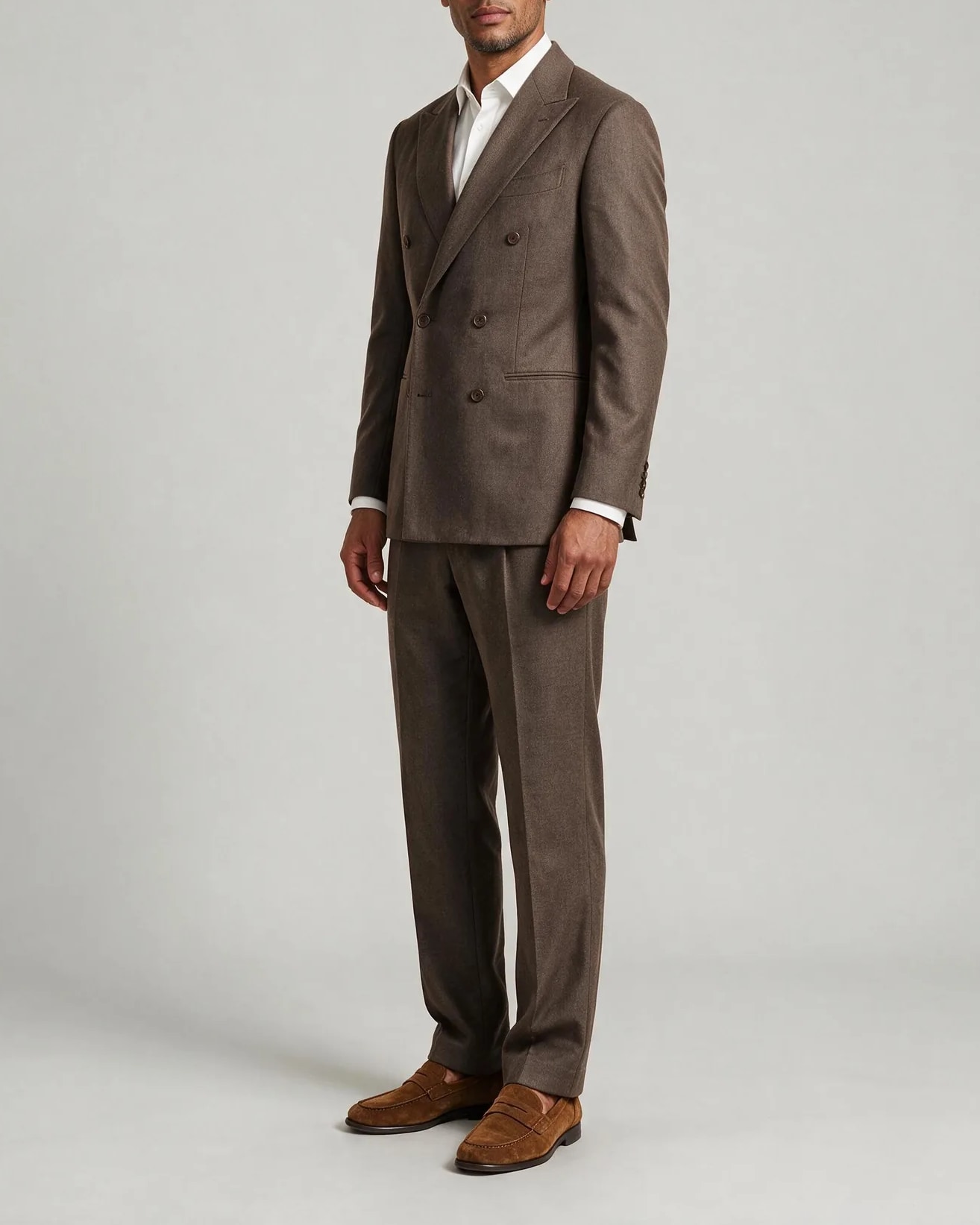 Brown Double-Breasted Flannel Suit, on model