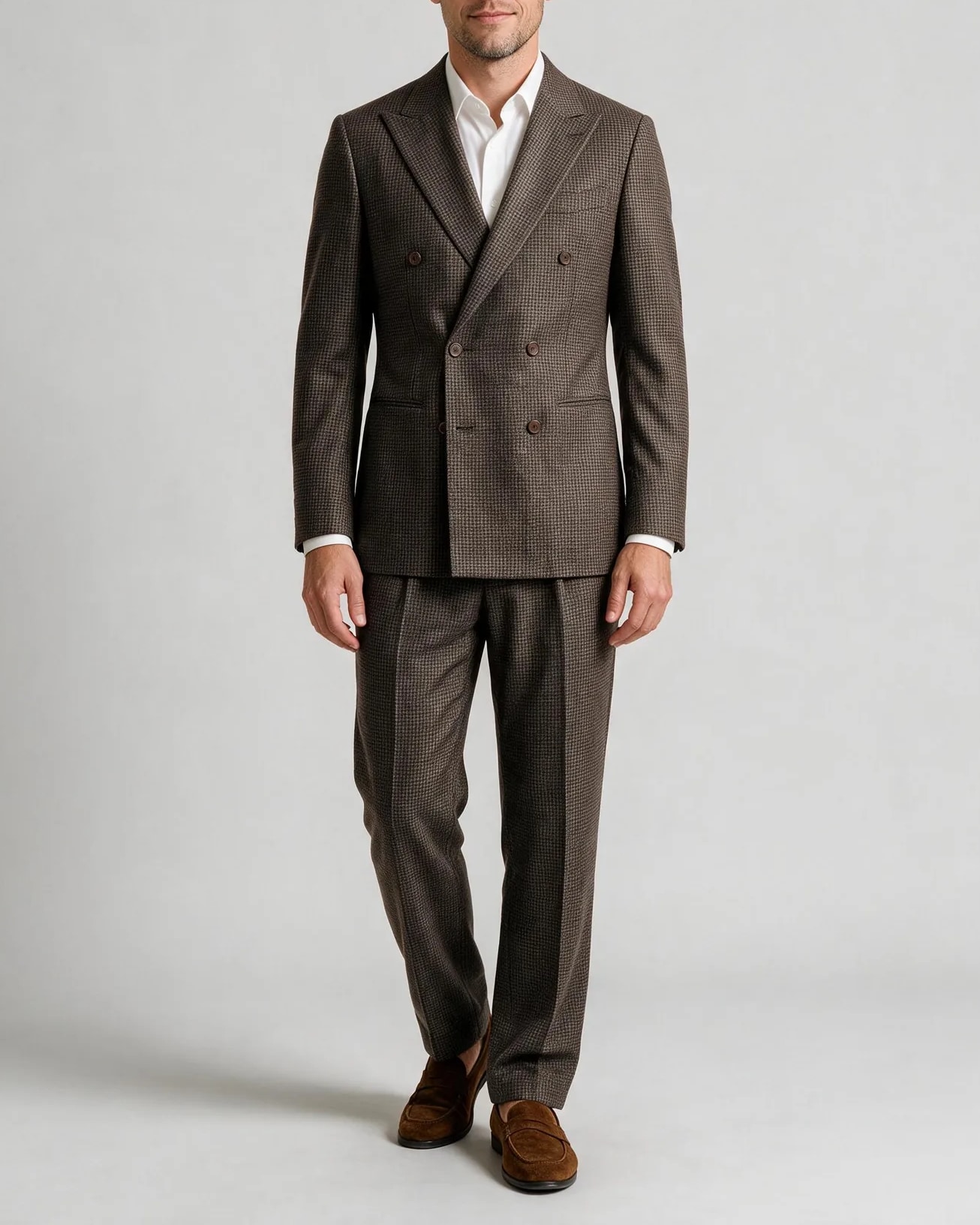 Brown Houndstooth Double-Breasted Suit, on model