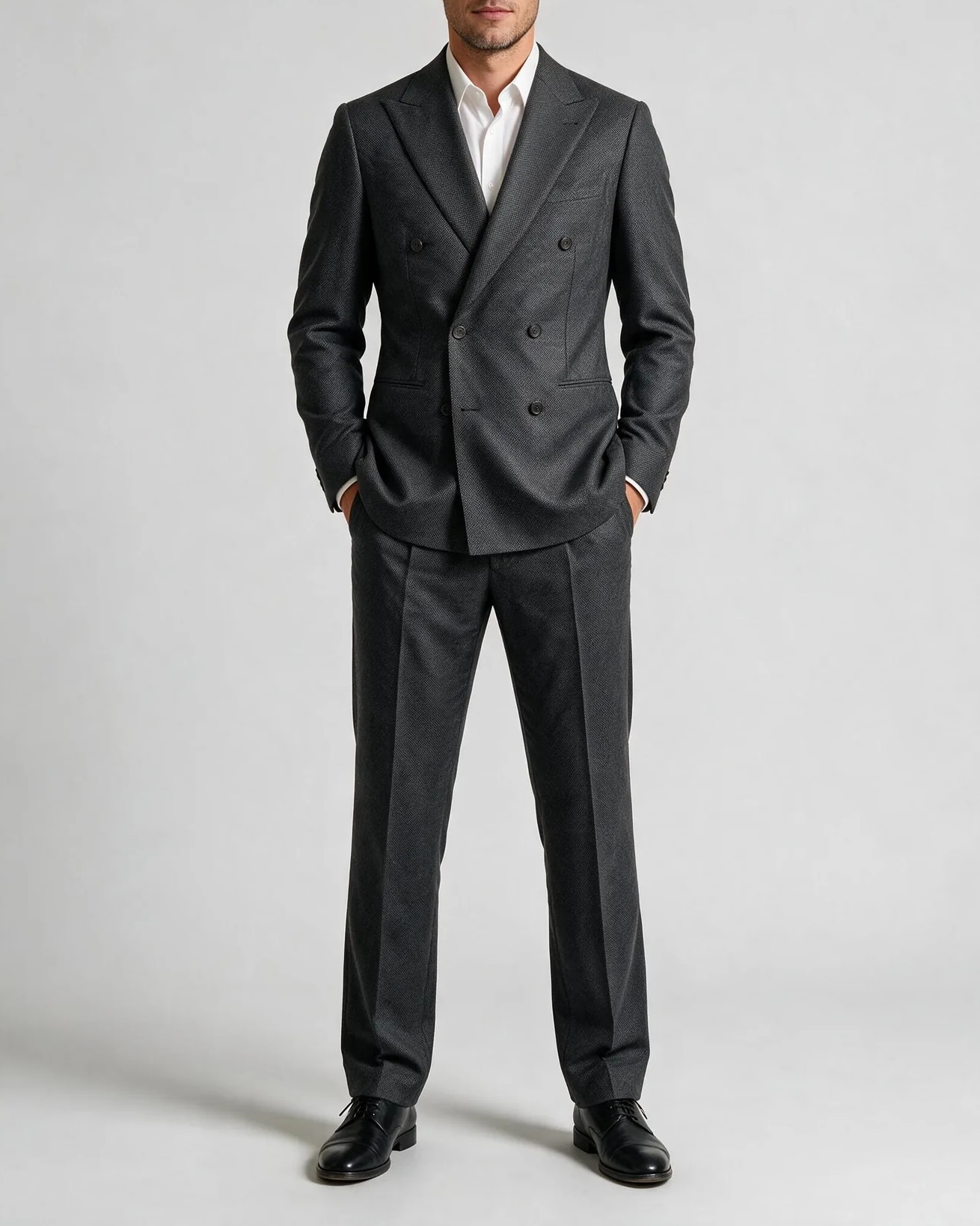 Dark Grey Double-Breasted Suit in Super 150s, on model