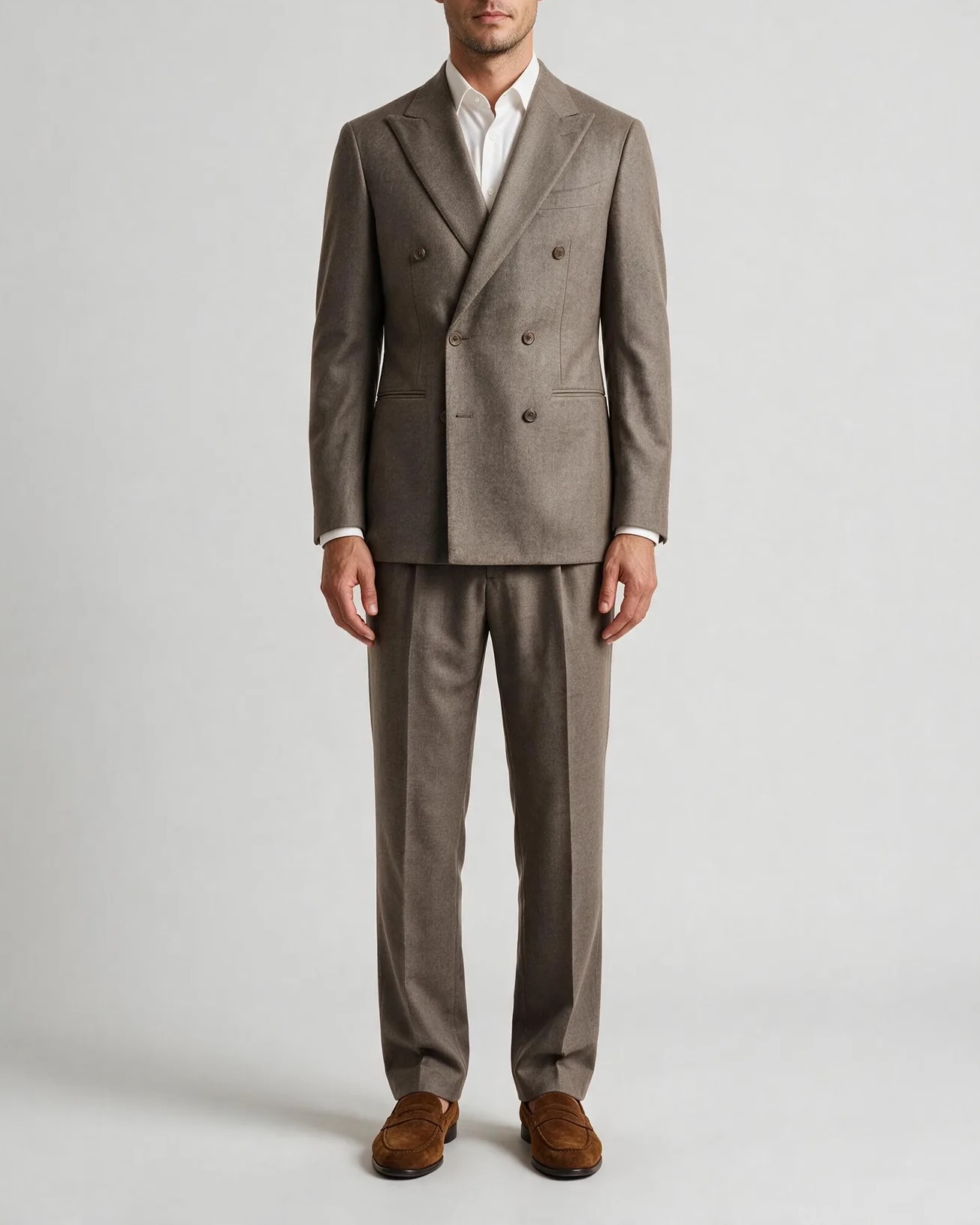Grey-brown Double-breasted Super 120s Suit, on model