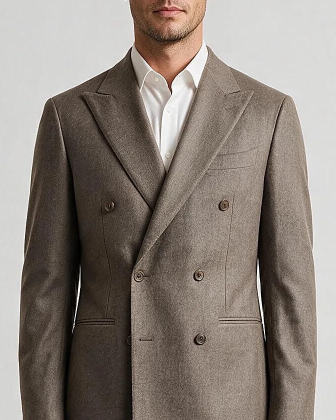 Grey-brown Double-breasted Super 120s Suit, collar detail