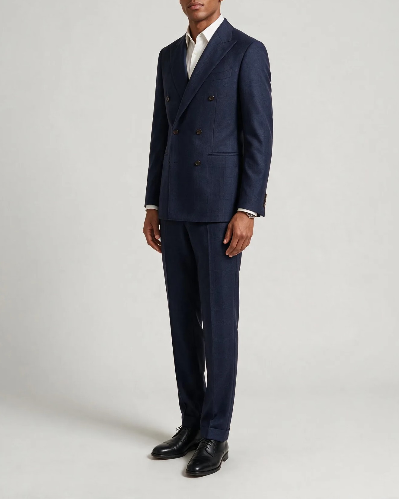 Dark Navy Double-Breasted Super 130s Suit, on model