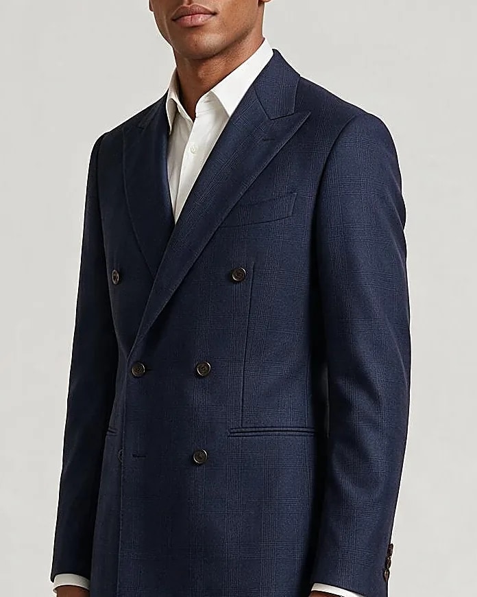 Dark Navy Double-Breasted Super 130s Suit, collar detail