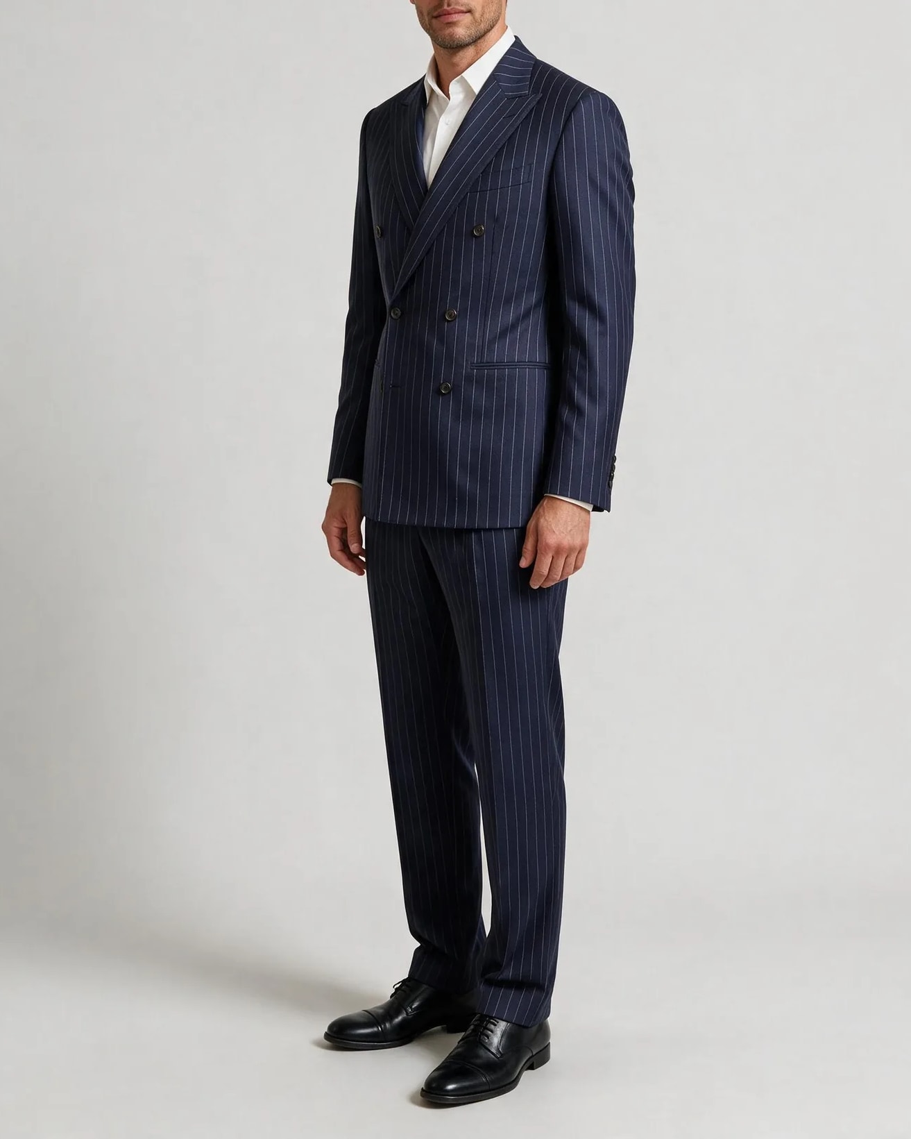 Dark Navy Pinstripe Double-Breasted Suit in Super 150s, on model