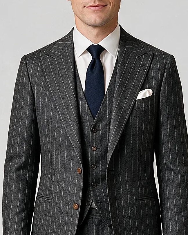 Charcoal Pinstripe S130 Wool, collar detail