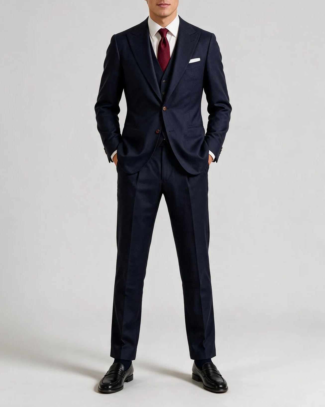 Navy Super 120s Wool Three-Piece Suit, on model