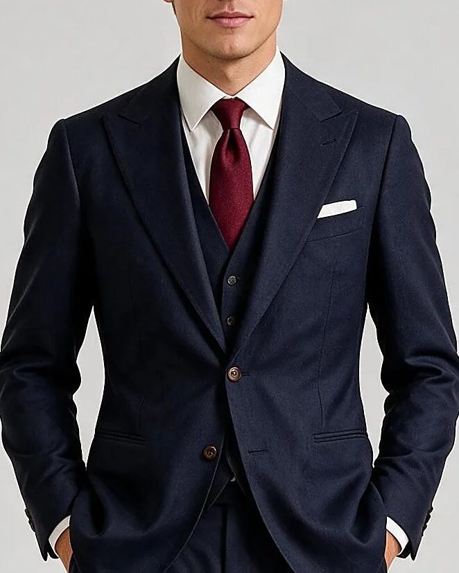 Navy Super 120s Wool Three-Piece Suit, collar detail