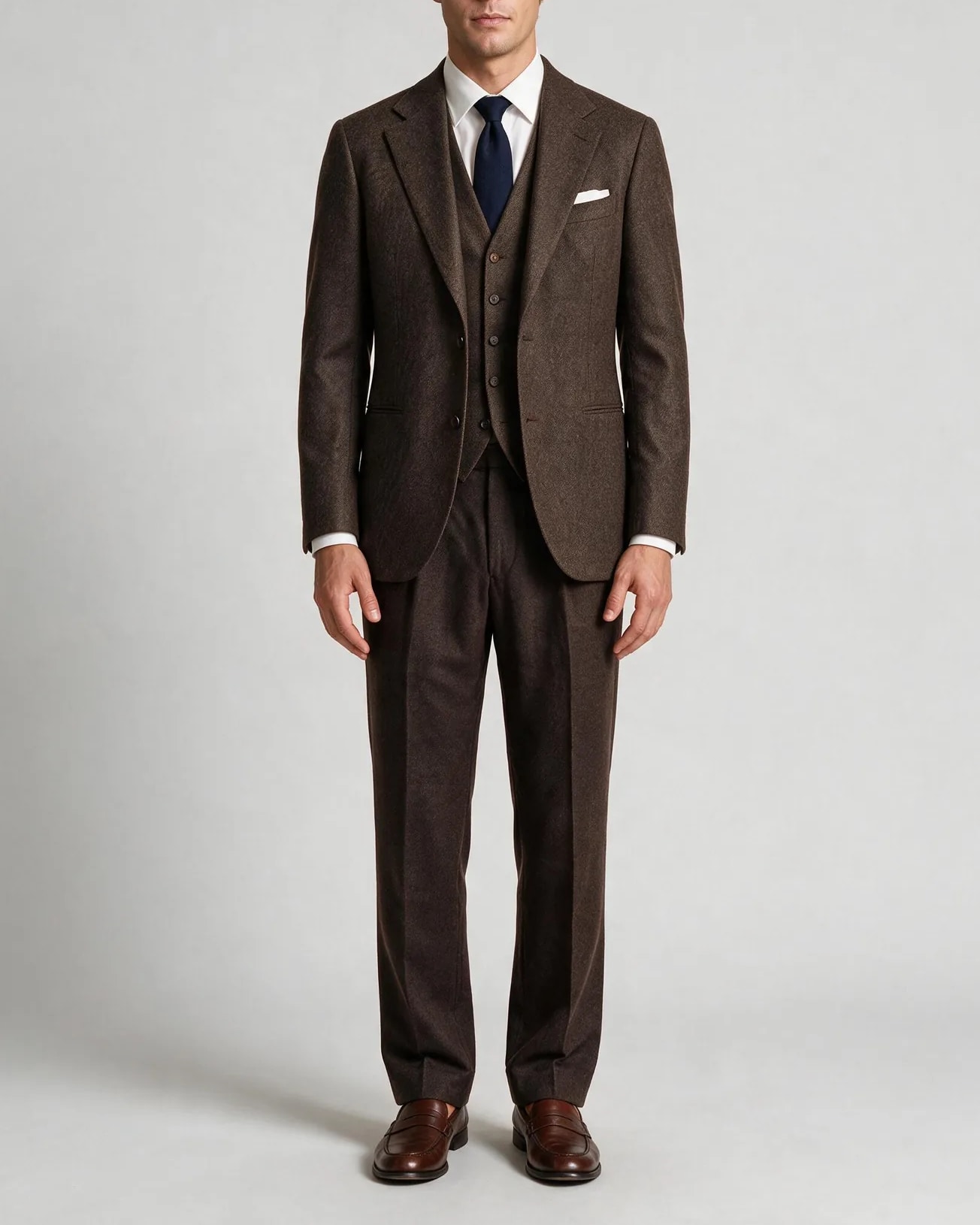 Brown Super 120s Wool Three-Piece Suit, on model
