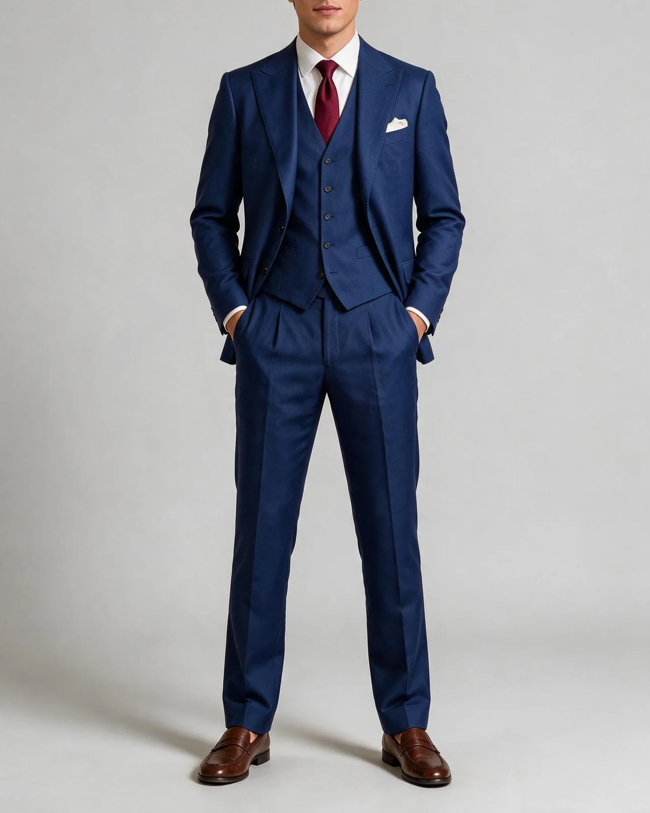 Blue Super 130s Wool Three-Piece Suit, on model