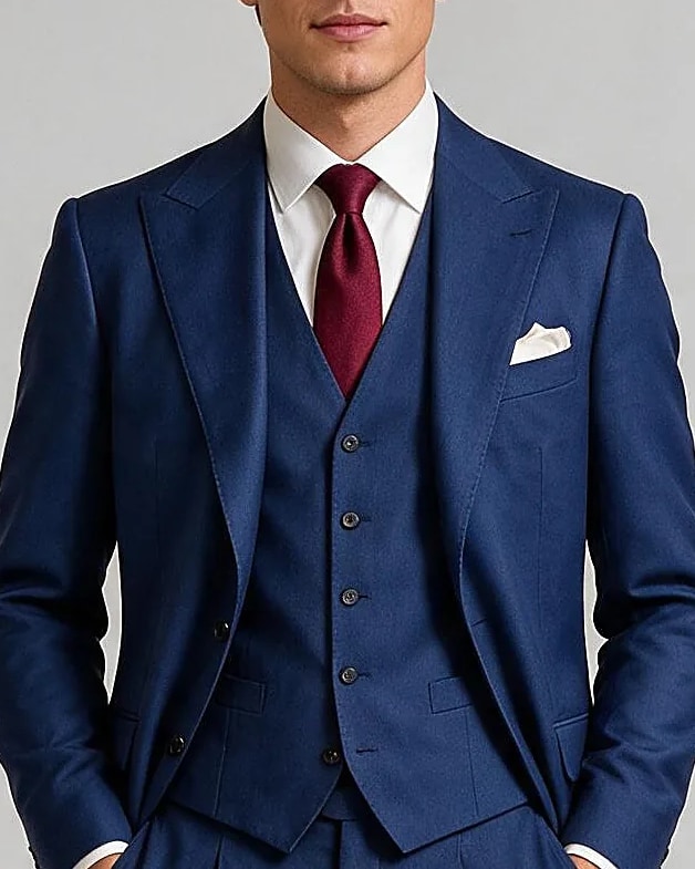 Blue Super 130s Wool Three-Piece Suit, collar detail