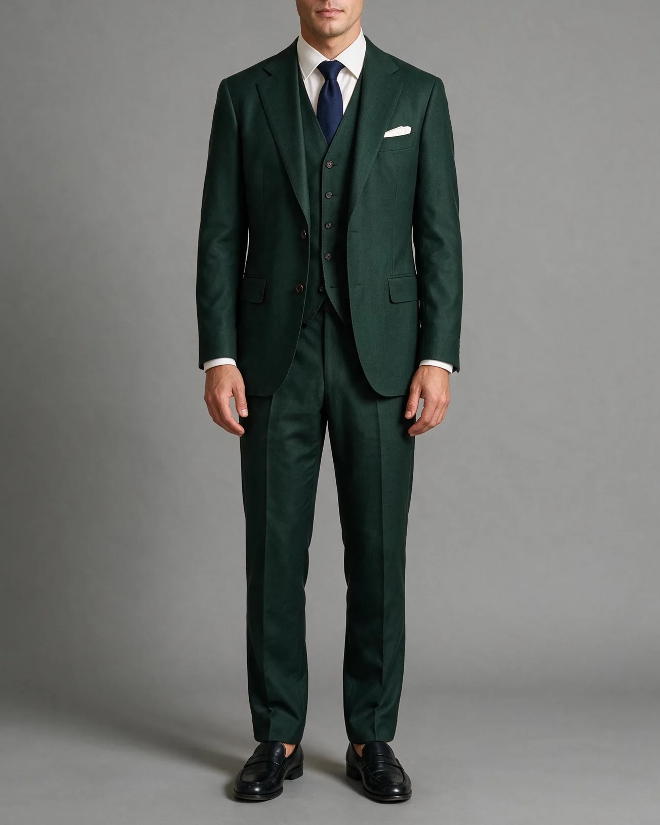 Green Super 110s Wool Three-Piece Suit, on model