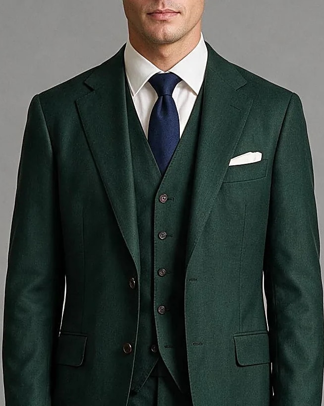 Green Super 110s Wool Three-Piece Suit, collar detail