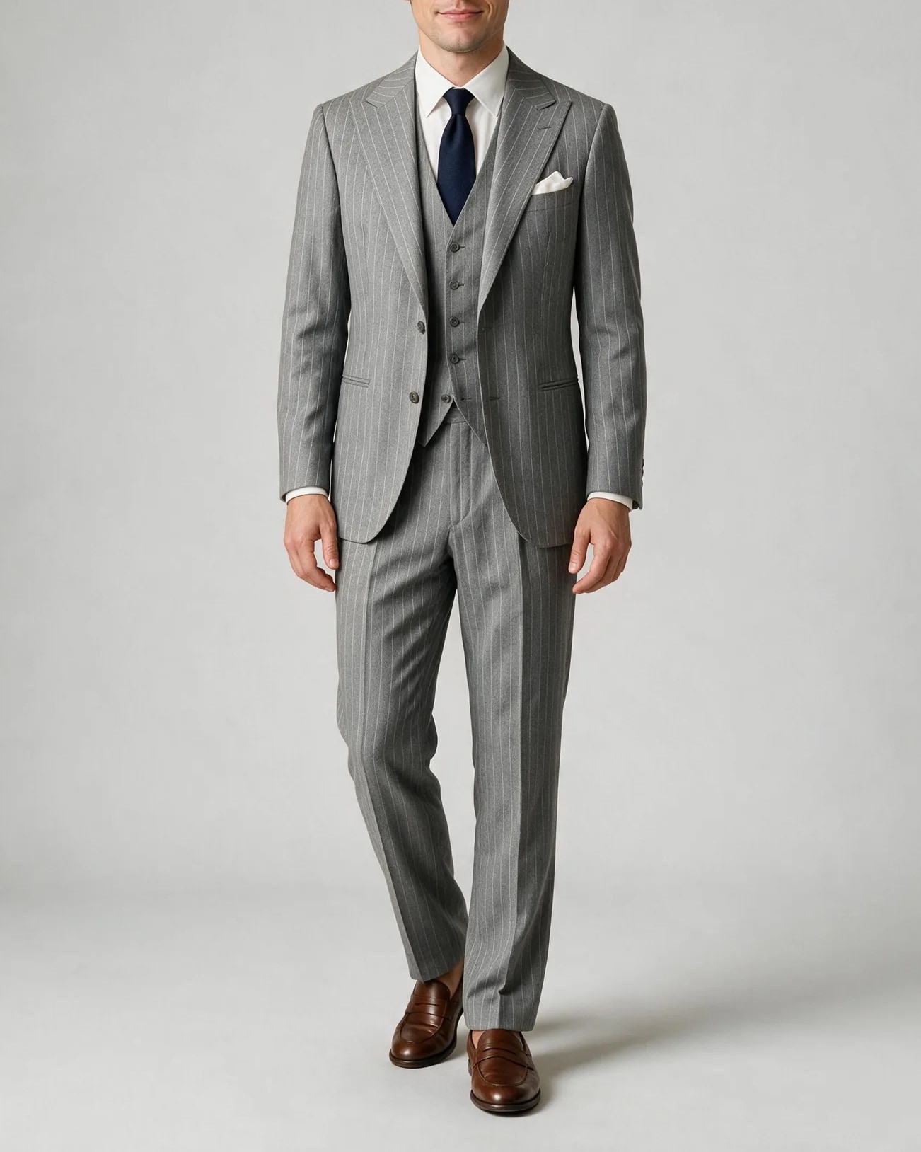 Gråbrun chalk stripe Super 110s 3-piece jakkesæt, på model