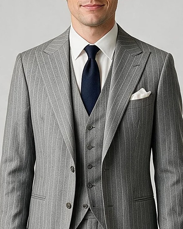 Gråbrun chalk stripe Super 110s 3-piece jakkesæt, detalje af kraven