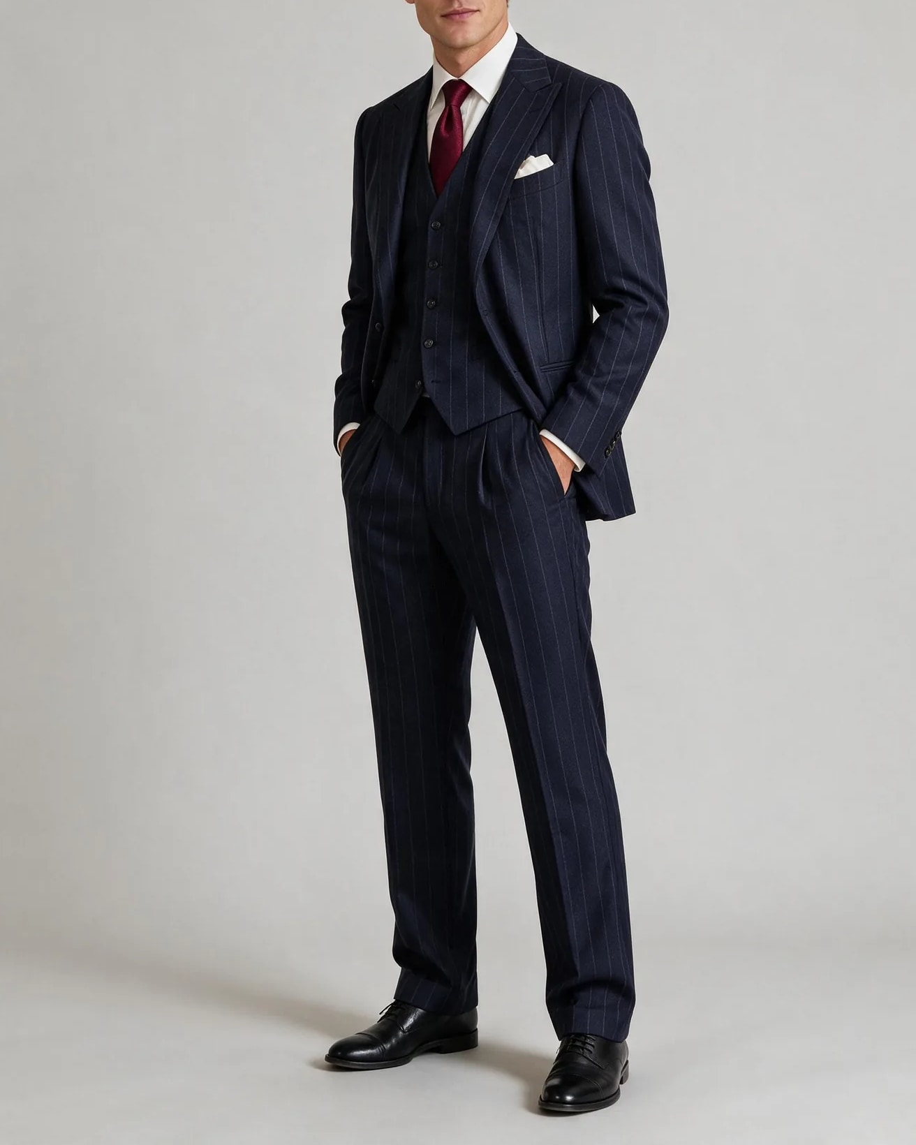 Dark Navy Pinstripe 3-Piece Suit, on model