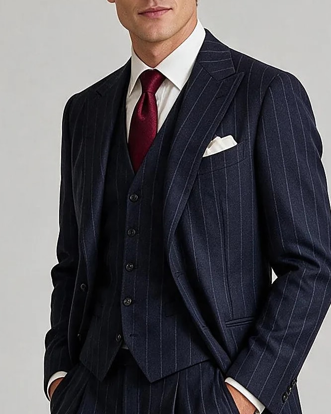 Dark Navy Pinstripe 3-Piece Suit, collar detail