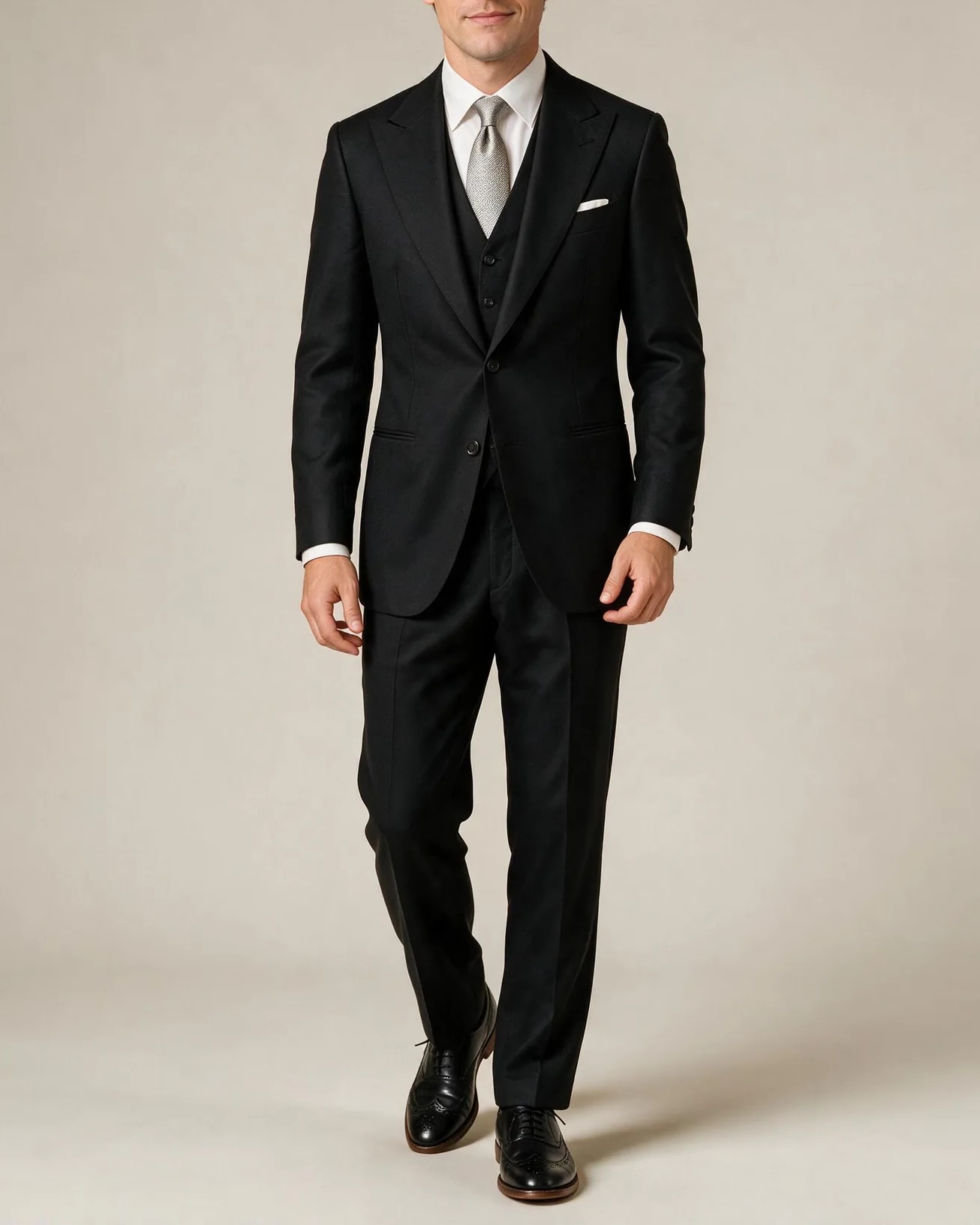 Black Super 110s 3-piece Suit from Tessitura di Quaregna, on model