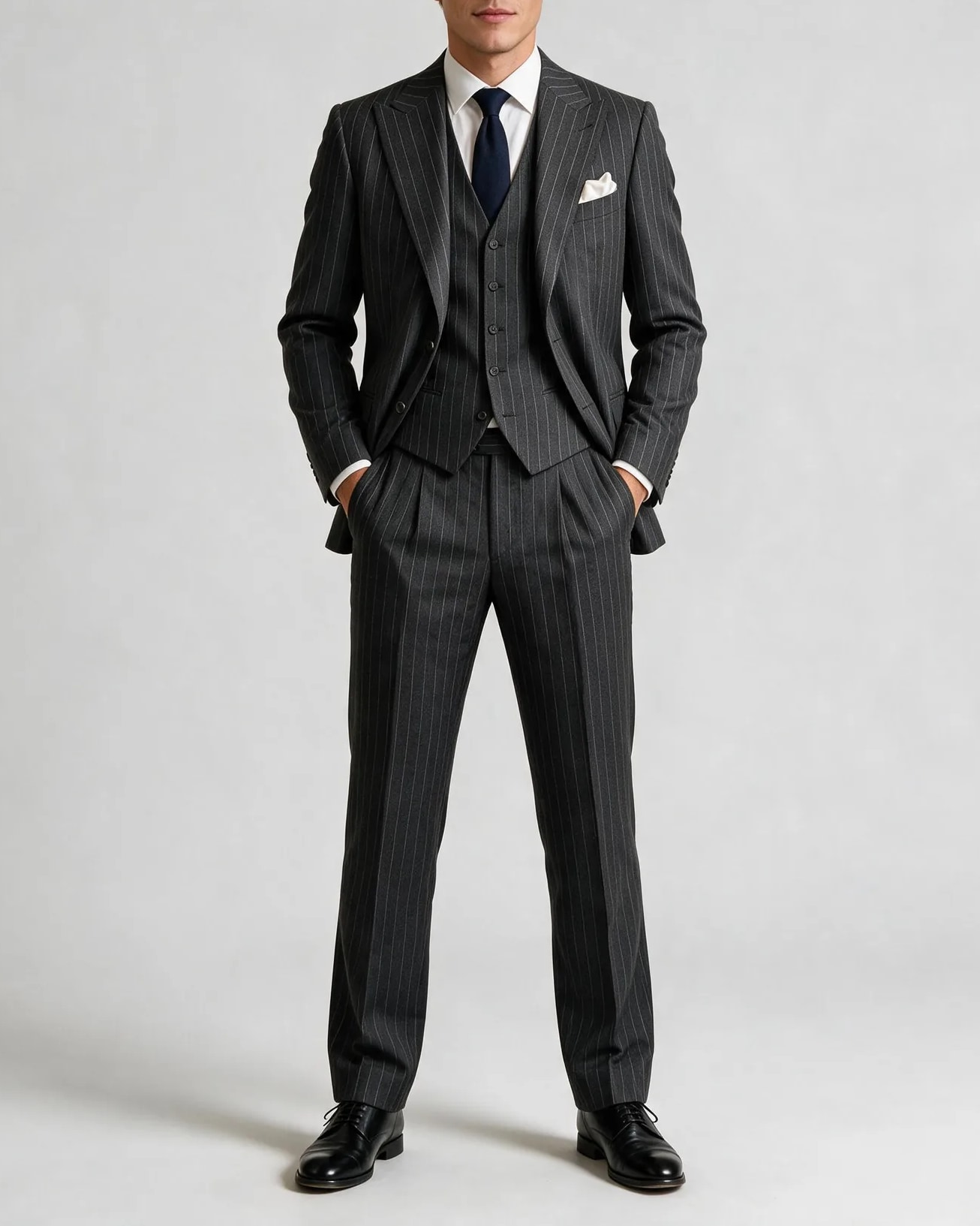 Dark Grey Pinstripe Super 110s 3-Piece Suit, on model