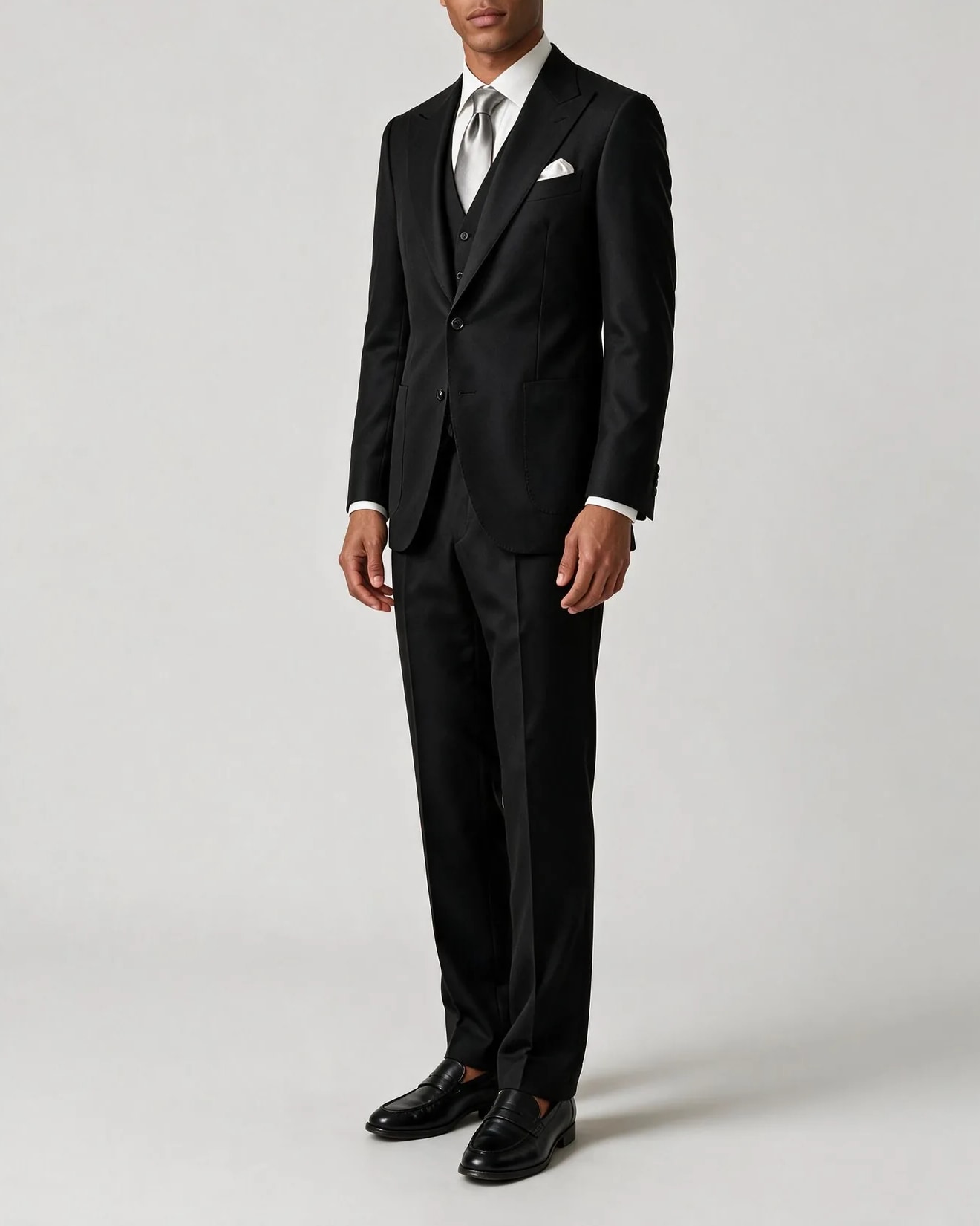 Black Super 110s 3-Piece Suit from Filarte in 275g, on model