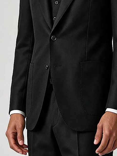 Black Super 110s 3-Piece Suit from Filarte in 275g, on model