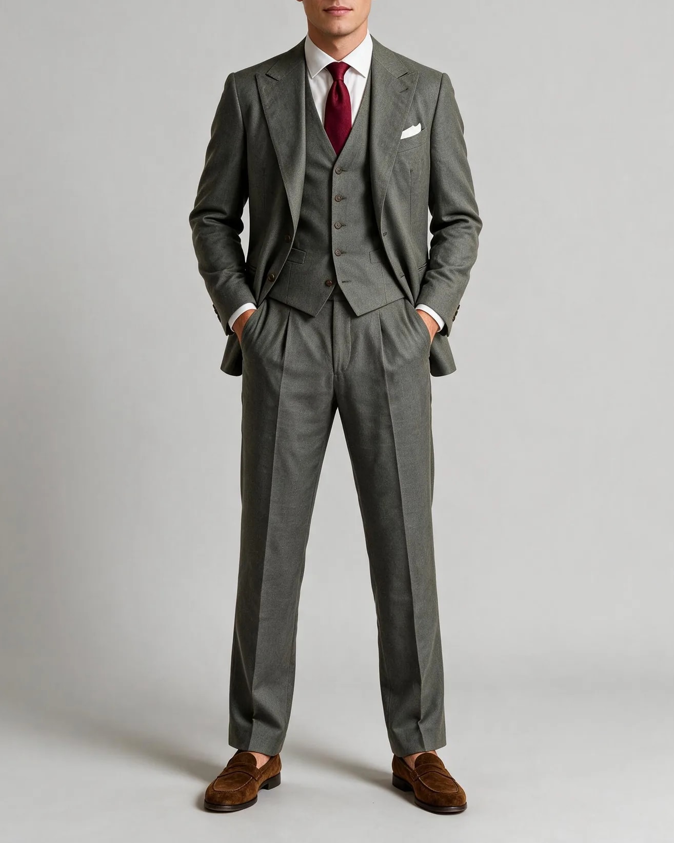Light Grey-Beige Super 110s 3-Piece Suit, on model