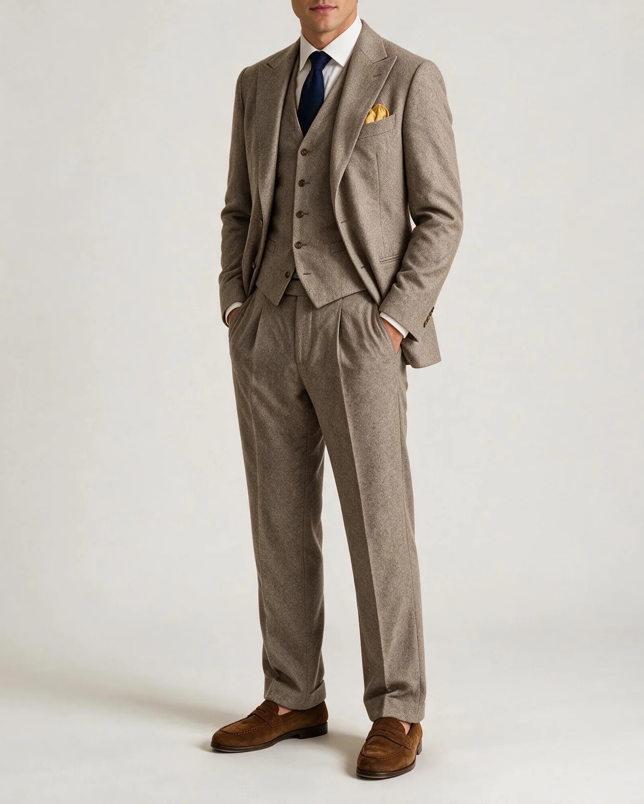 Taupe Herringbone 3-Piece Suit from Drago, on model