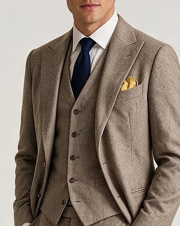 Taupe Herringbone 3-Piece Suit from Drago, collar detail