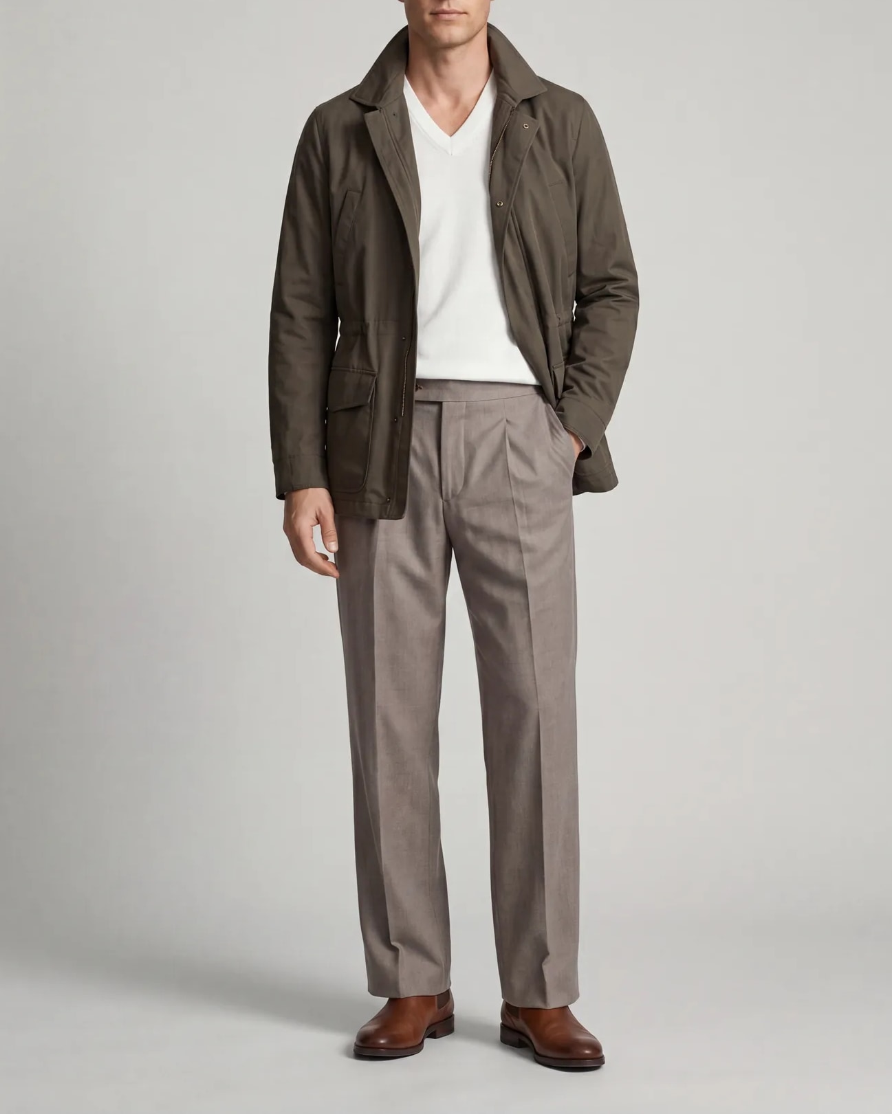 Olive Green Field Jacket, on model