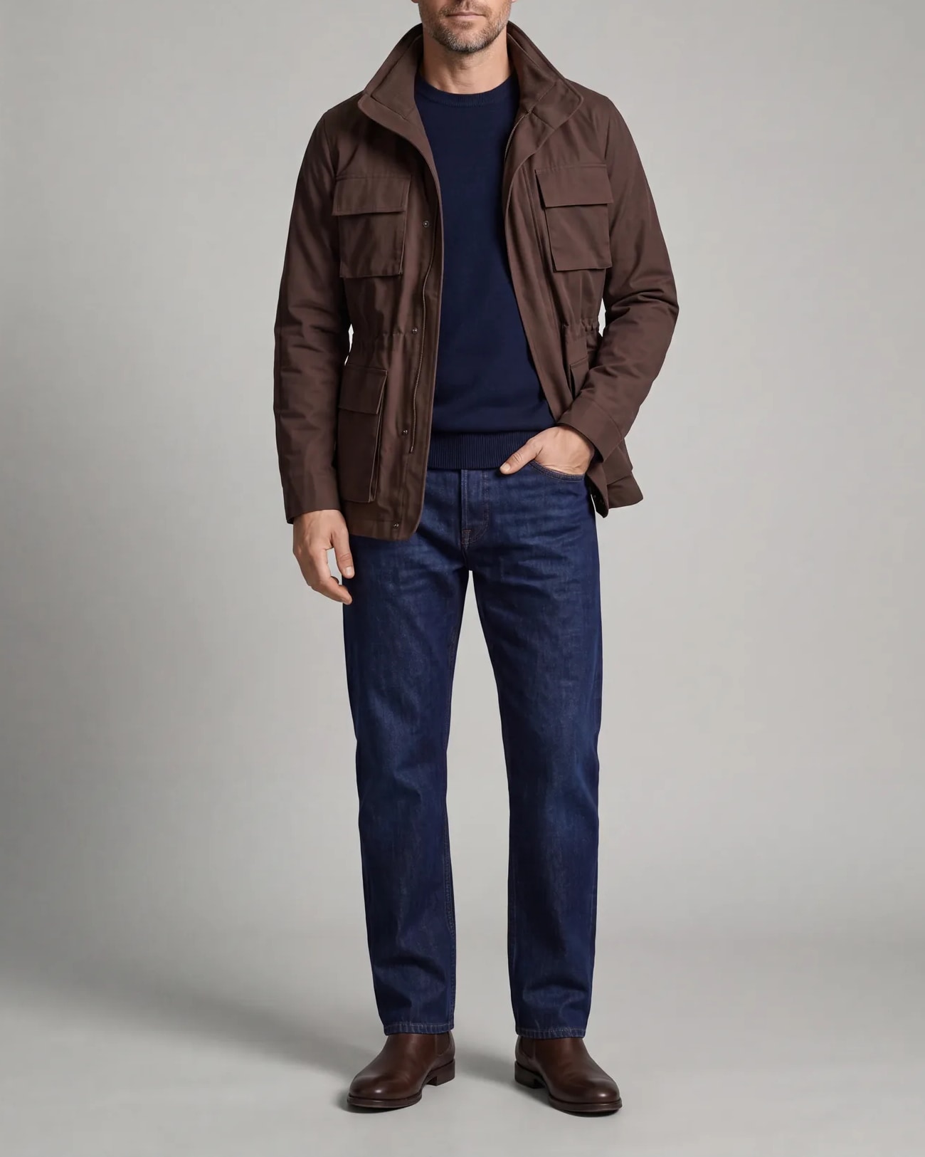 Brown Field Jacket, on model