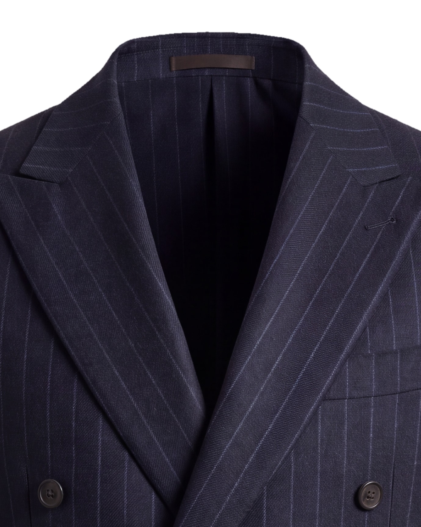 Navy Pinstripe Double-Breasted S120 Wool Jacket, collar detail