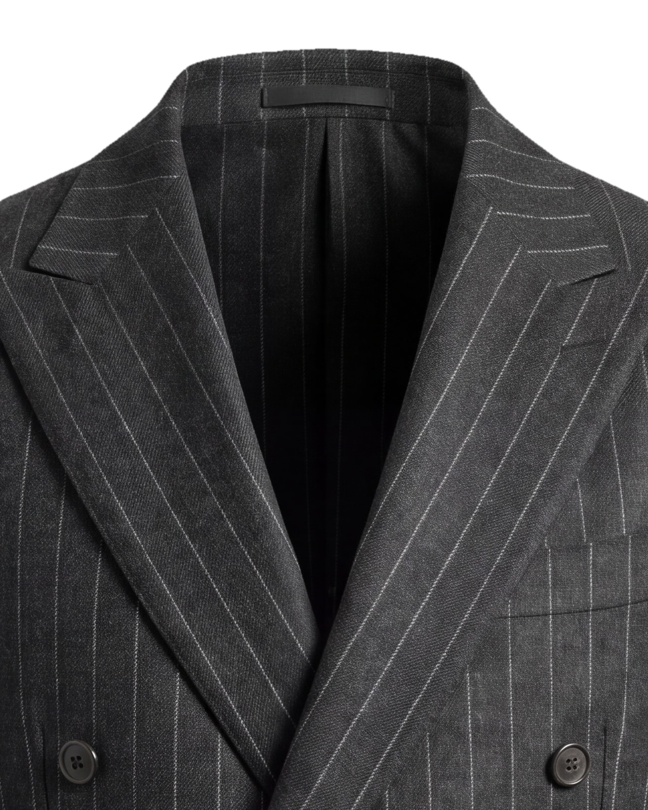Mørkegrå pinstripe dobbeltradet jakke, detalje af kraven
