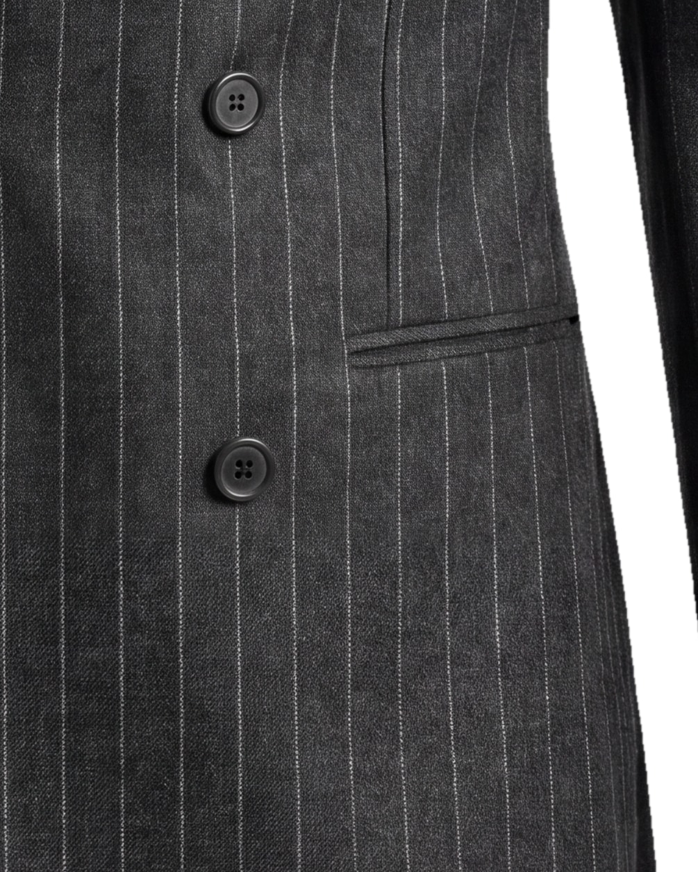 Mørkegrå pinstripe dobbeltradet jakke, detalje af lommen