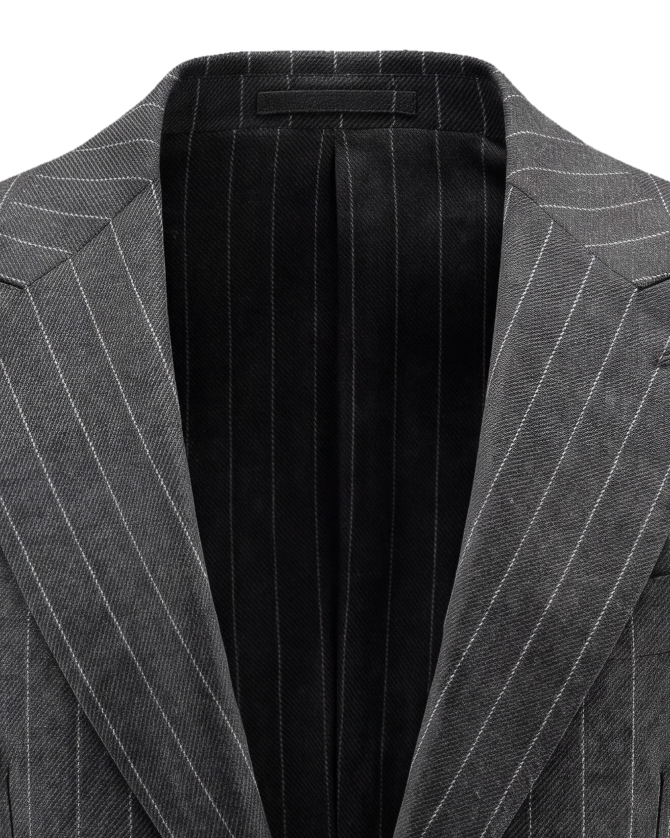 Charcoal Pinstripe S130 Wool Jacket, collar detail