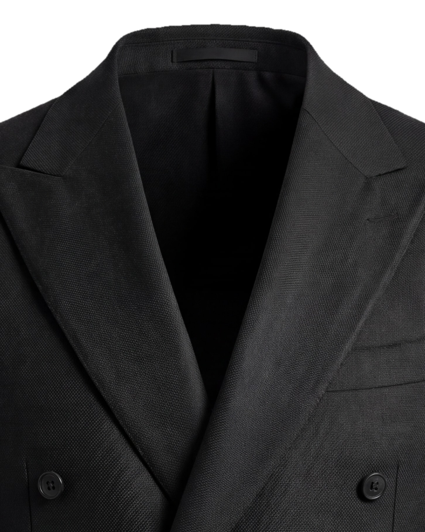 Charcoal Double-Breasted Super 110s Wool Jacket, collar detail