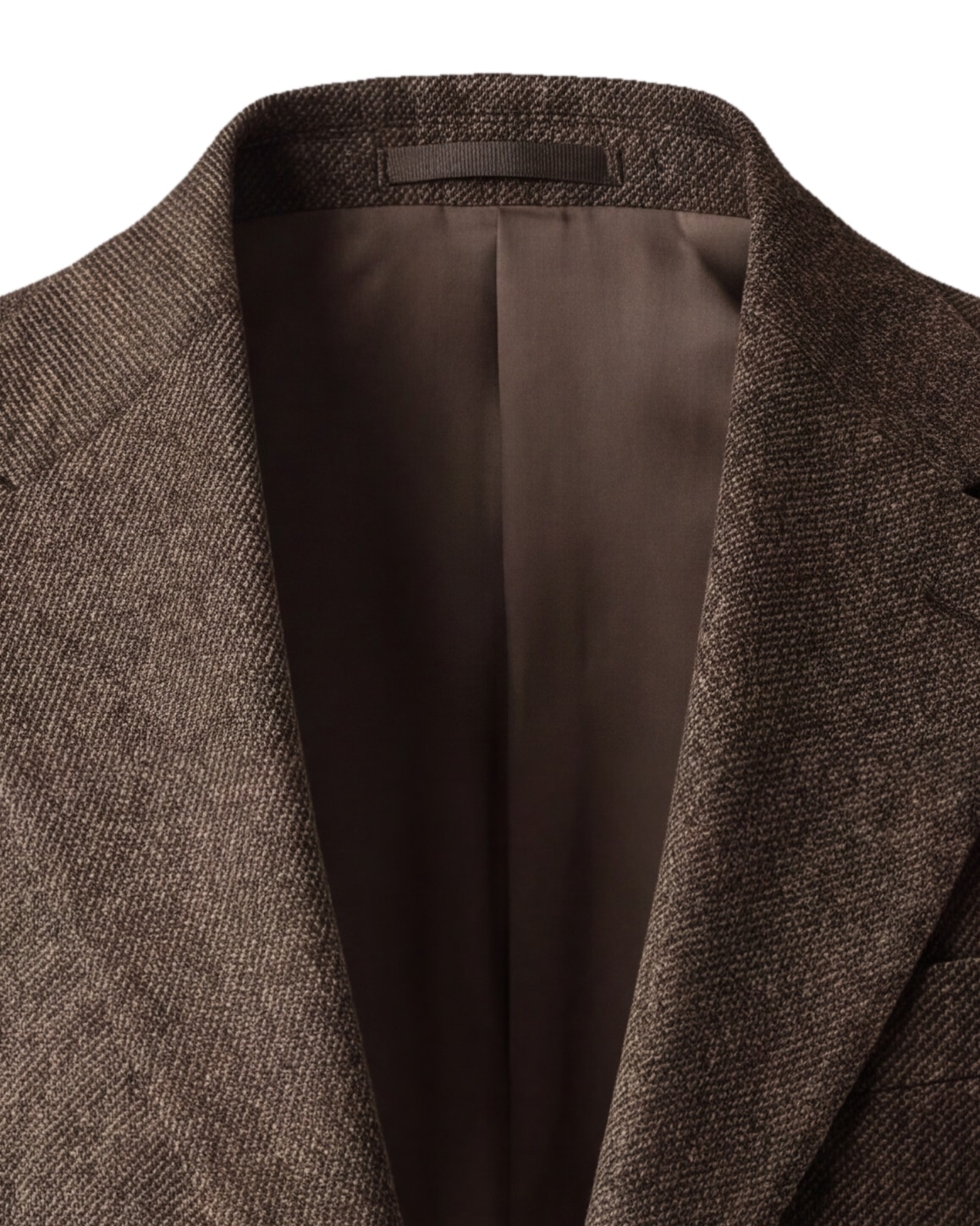 Mørkebrun herringbone Super 120s jakke, detalje af kraven