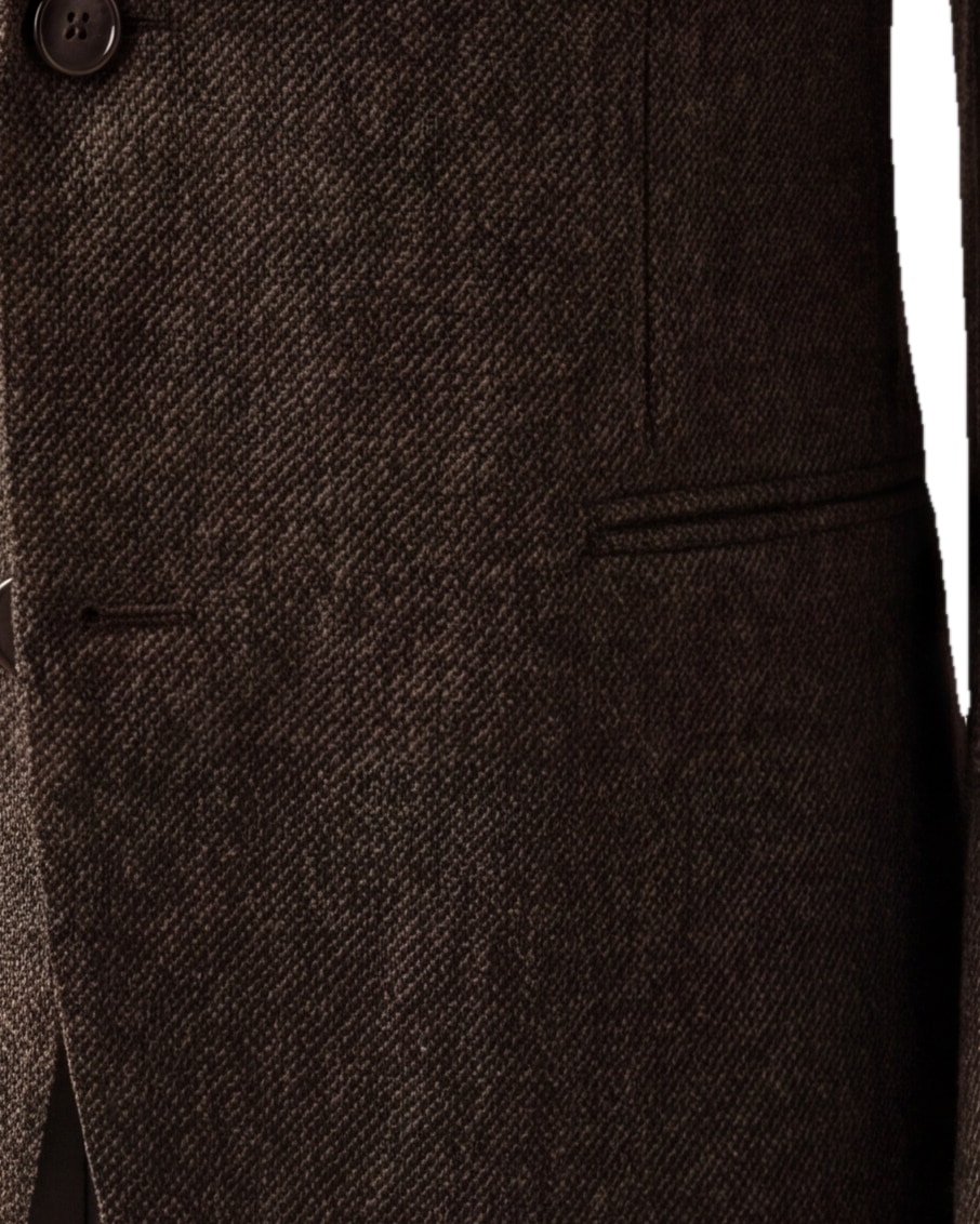 Mørkebrun herringbone Super 120s jakke, detalje af lommen